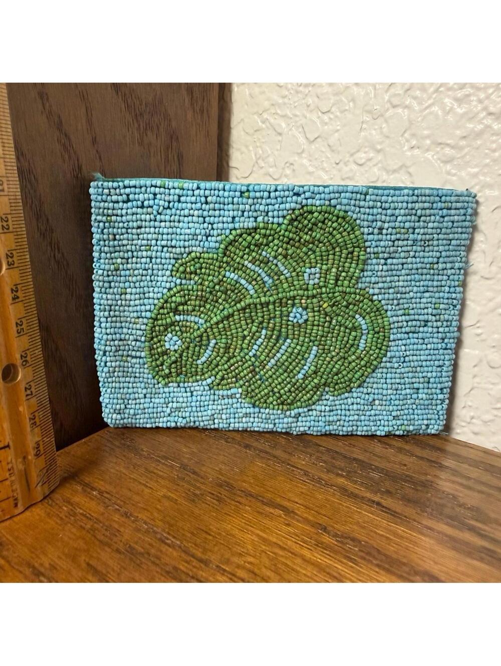 Beaded Blue and Green Clutch Monsterra design